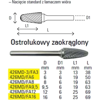 Pilnik obrotowy z węglika spiekanego łukowy zaokrąglony 3mm Beta (426MD-3/FA3)