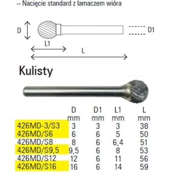 Pilnik obrotowy z węglika spiekanego kulisty 3mm Beta (426MD-3/S3)