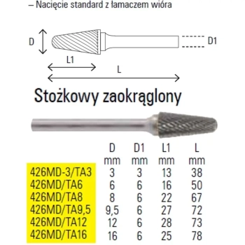 Pilnik obrotowy z węglika spiekanego stożkowy zaokrąglony 3mm Beta (426MD-3/TA3)