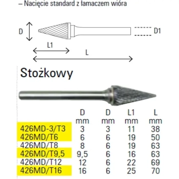 Pilnik obrotowy z węglika spiekanego stożkowy 3mm Beta (426MD-3/T3)