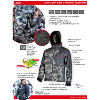 Kurtka Softshell z kapturem moro zielono-czarne L LAHTI PRO L4093203